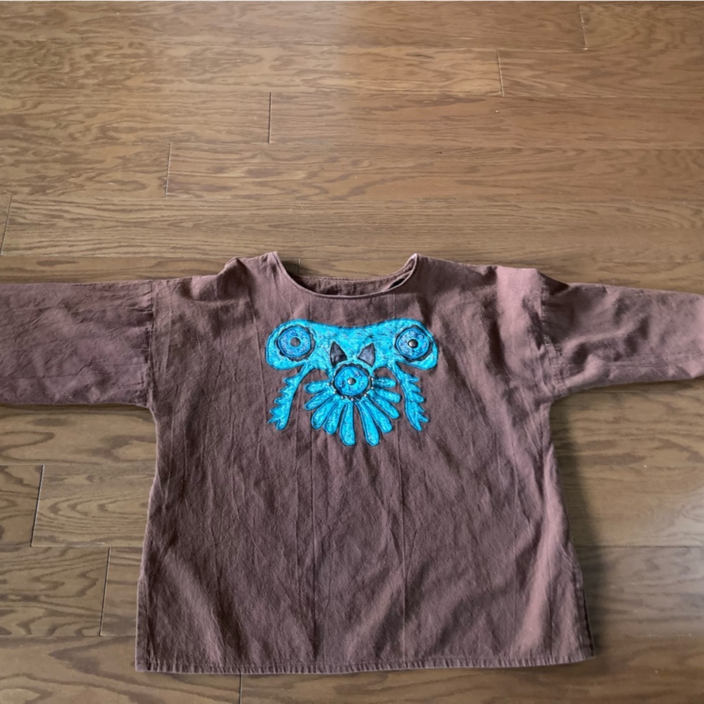 Alfredos Wife SZ L tunic top Brown Turquoise studded Appliqué Bling Vintage - Picture 6 of 9